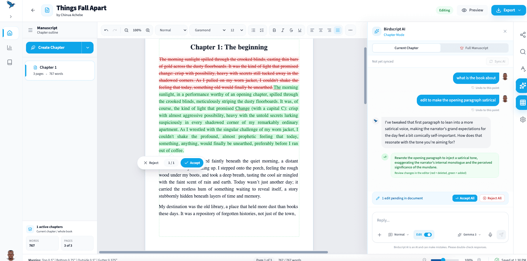 Birdscript editor showing AI writing changes
